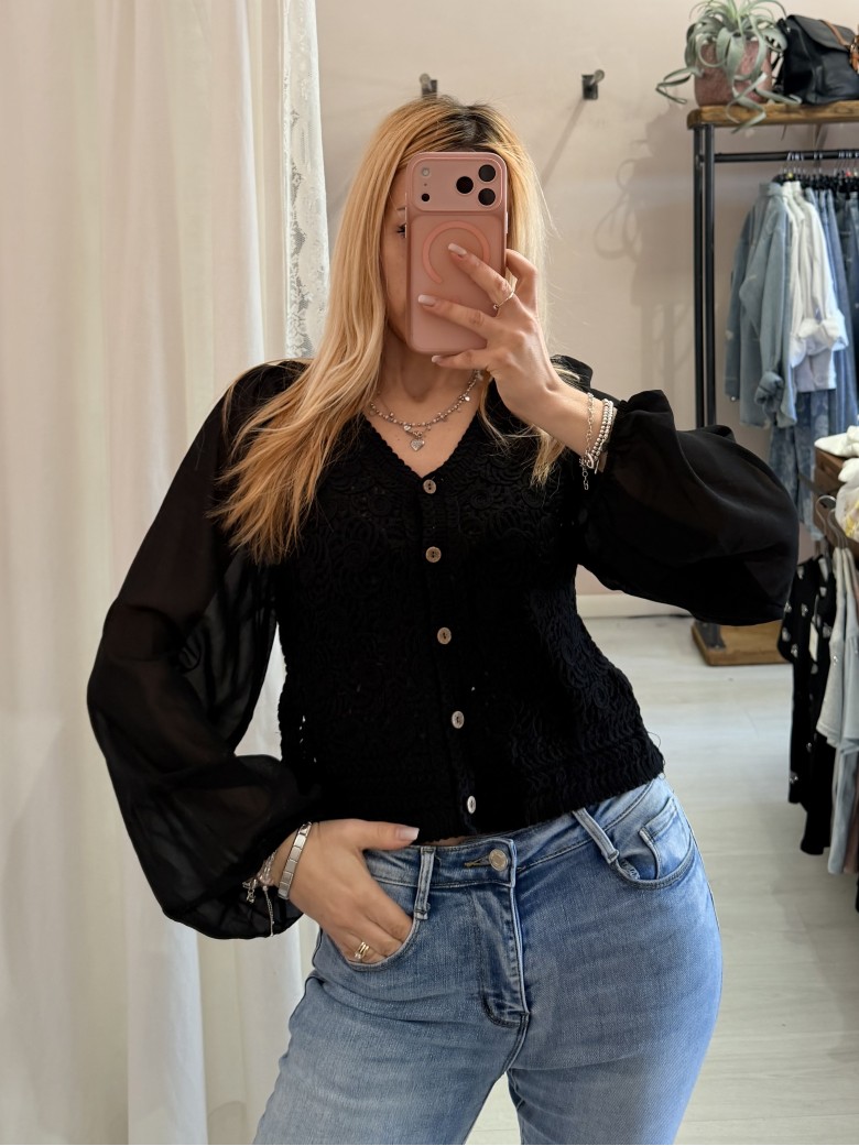 Maglia crochet maniche velate nera