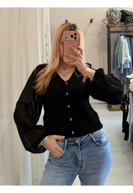 Maglia crochet maniche velate nera