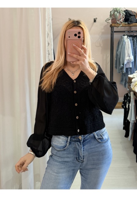 Maglia crochet maniche velate nera