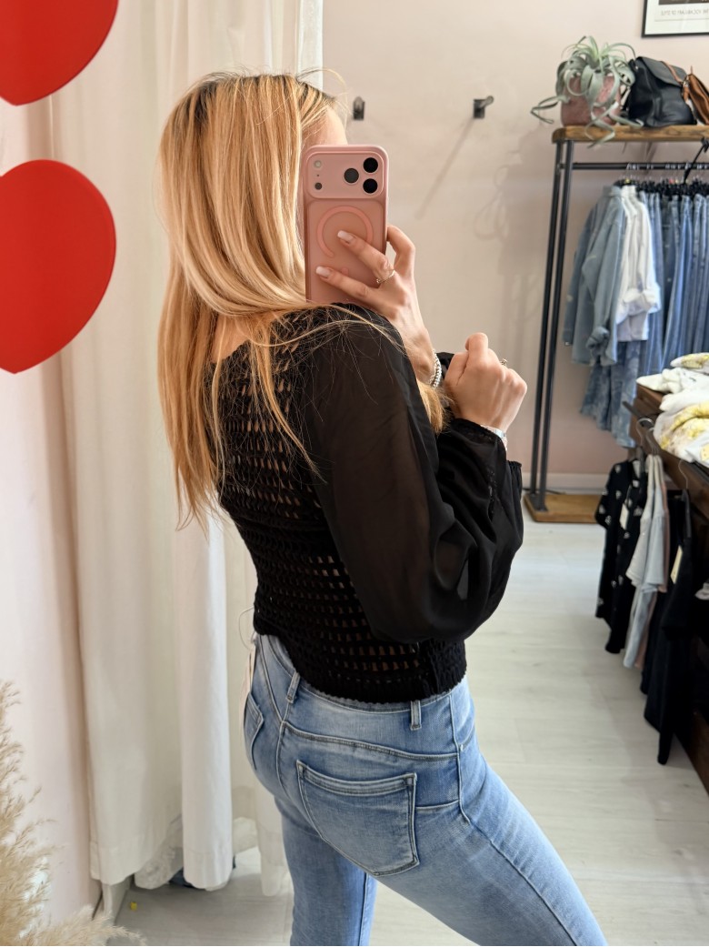 Maglia crochet maniche velate nera