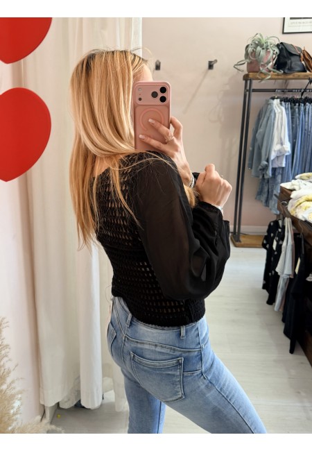 Maglia crochet maniche velate nera