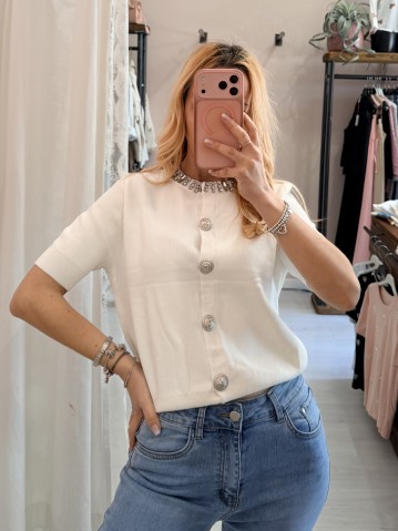Maglia girocollo di pietre bianca 2