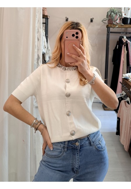 Maglia girocollo di pietre bianca