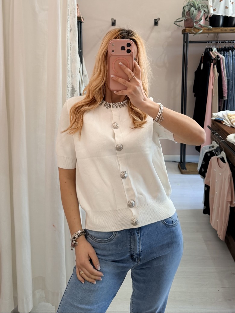 Maglia girocollo di pietre bianca