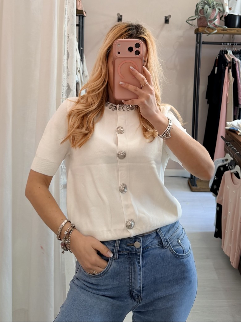 Maglia girocollo di pietre bianca