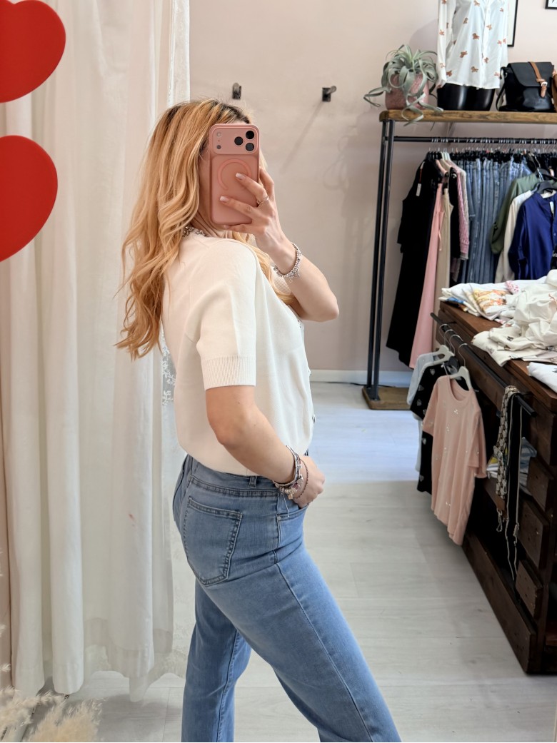 Maglia girocollo di pietre bianca