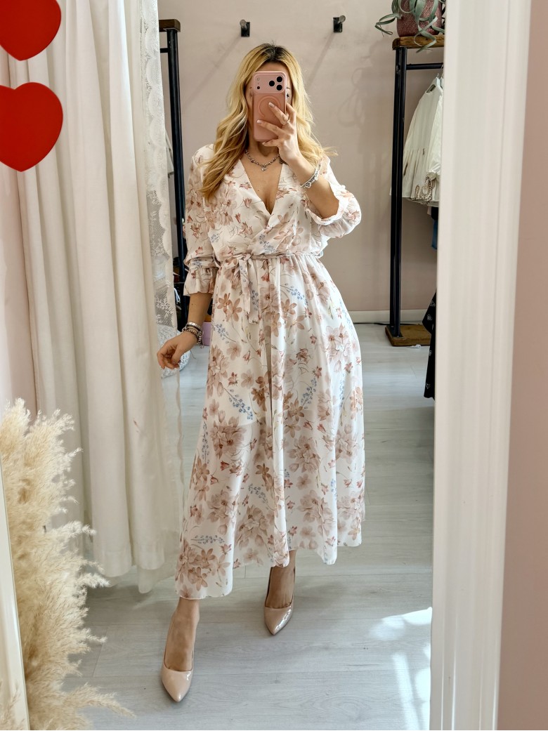 Vestito lungo floreale beige