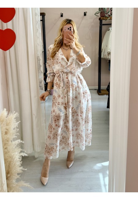 Vestito lungo floreale beige