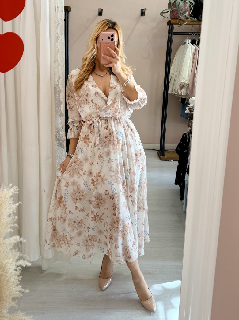 Vestito lungo floreale beige