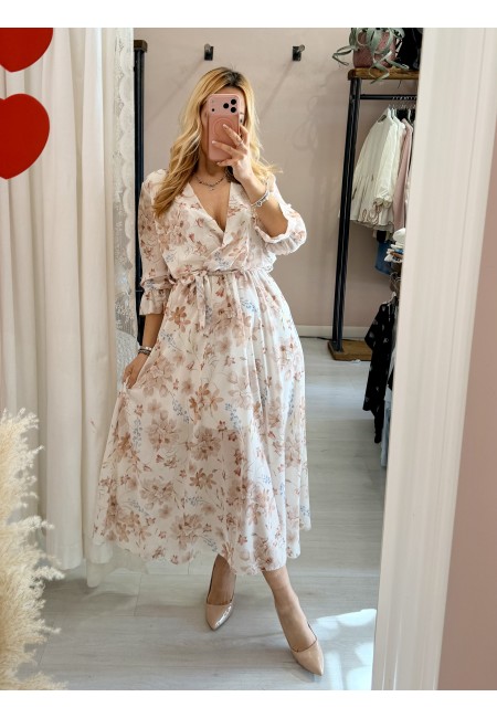 Vestito lungo floreale beige