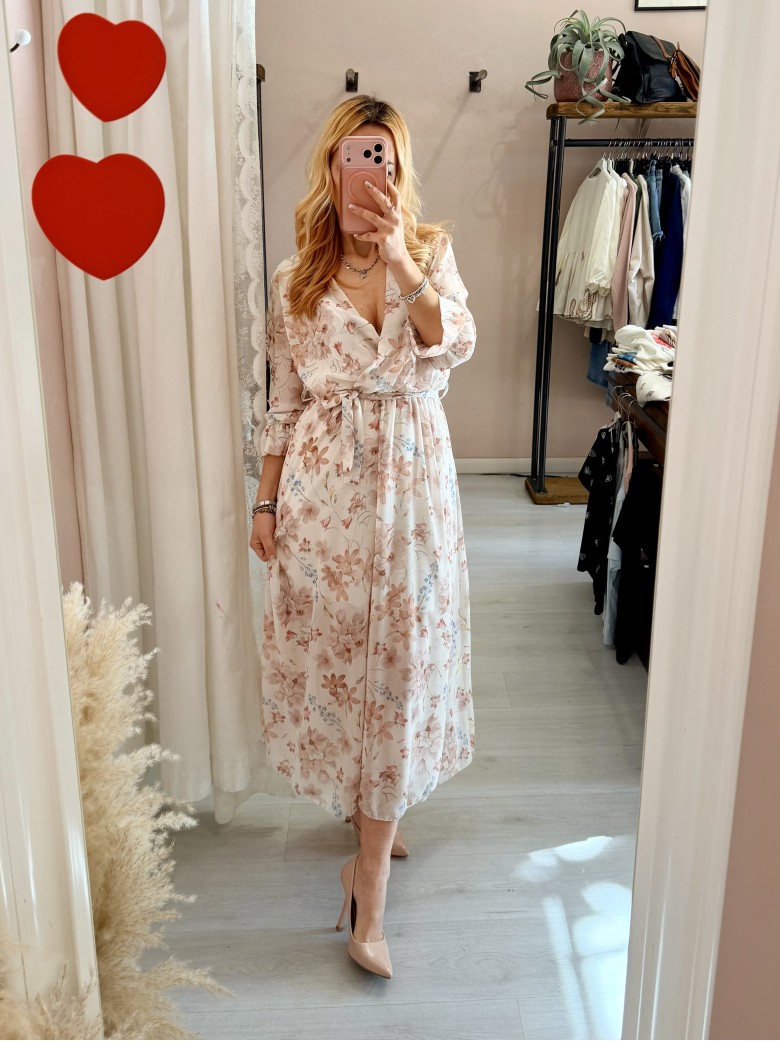 Vestito lungo floreale beige