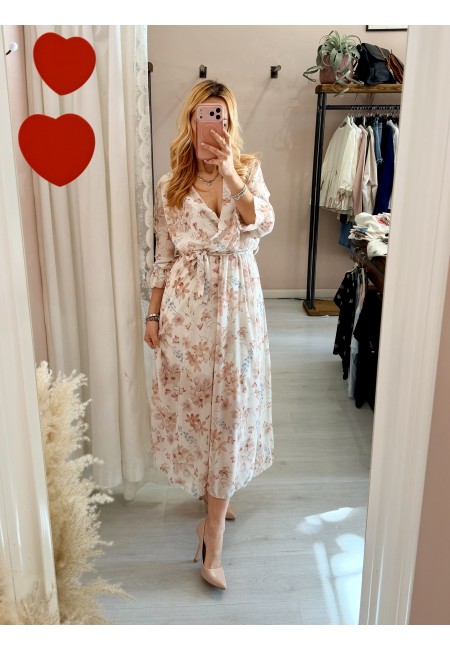 Vestito lungo floreale beige