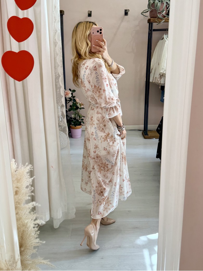 Vestito lungo floreale beige