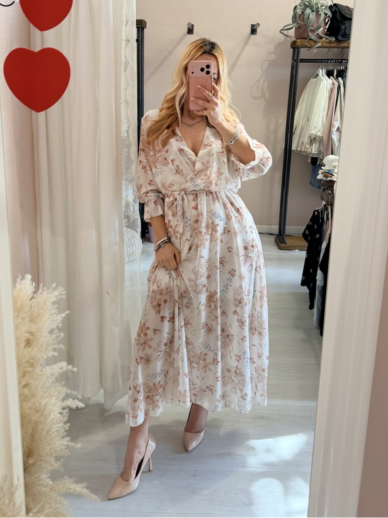 Vestito lungo floreale beige