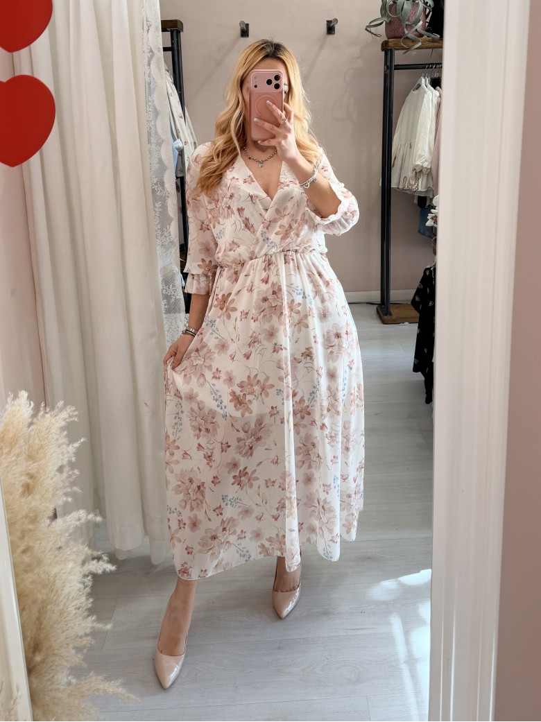 Vestito lungo floreale beige