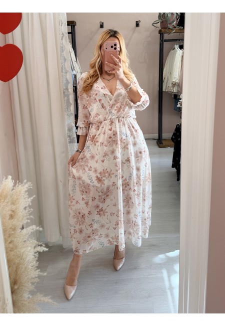 Vestito lungo floreale beige