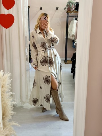 Vestito lungo chemisier boho chic panna