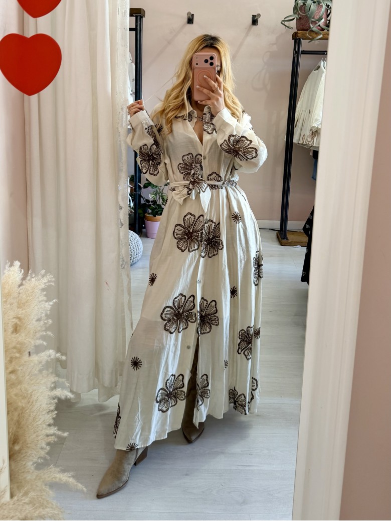 Vestito lungo chemisier boho chic panna
