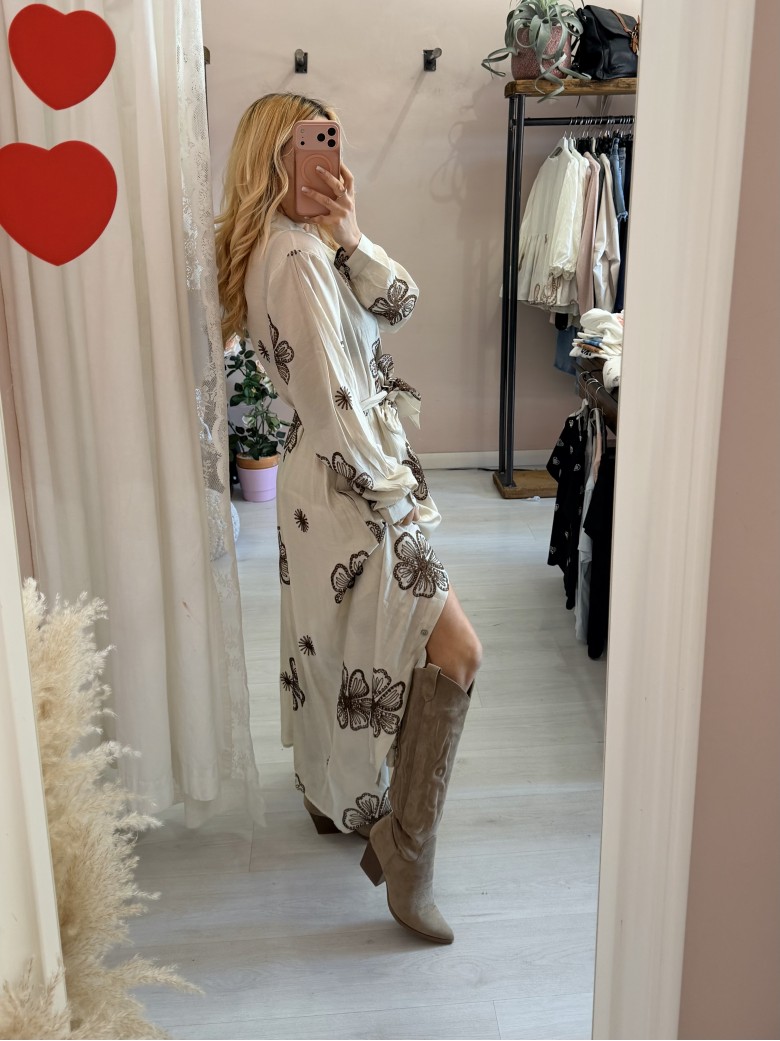 Vestito lungo chemisier boho chic panna