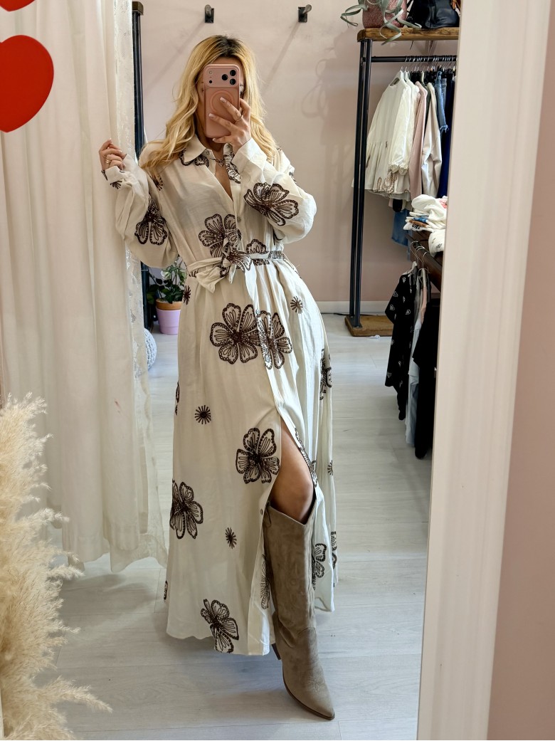 Vestito lungo chemisier boho chic panna