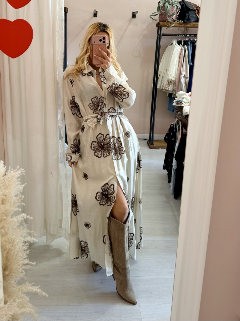 Vestito lungo chemisier boho chic panna