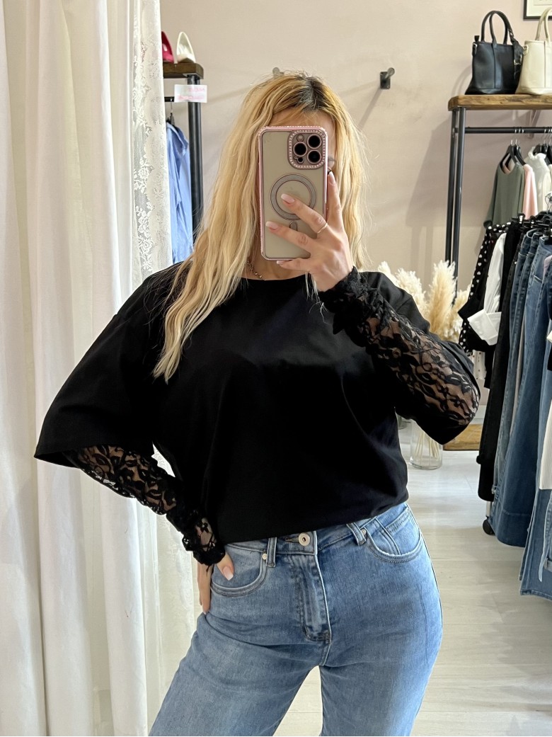 Maglia t shirt maniche PIZZO nera