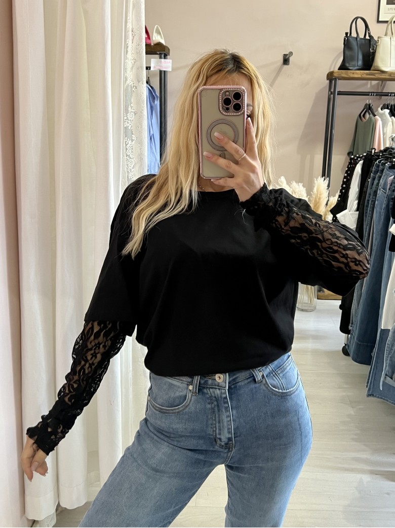 Maglia t shirt maniche PIZZO nera