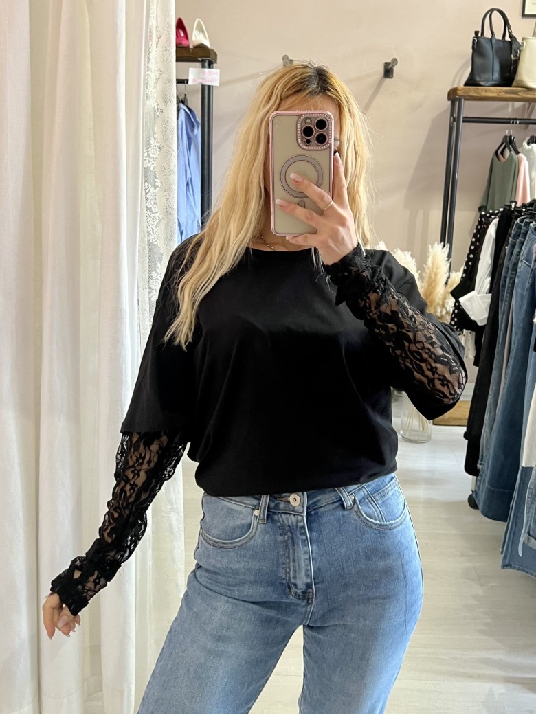 Maglia t shirt maniche PIZZO nera