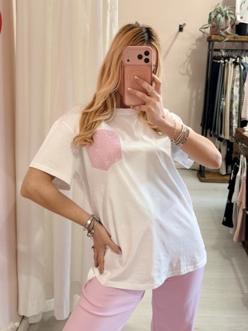 Maglia t shirt taschina strass rosa