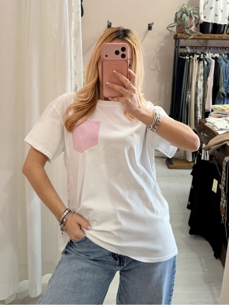 Maglia t shirt taschina strass rosa