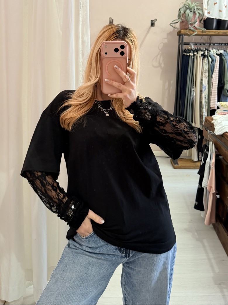 Maglia t shirt maniche PIZZO nera