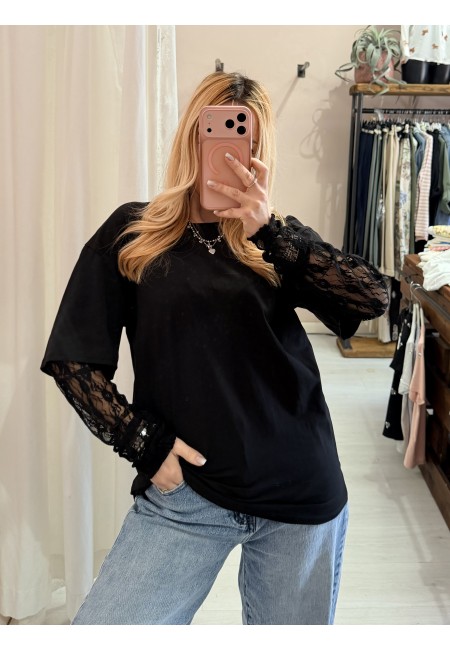 Maglia t shirt maniche PIZZO nera