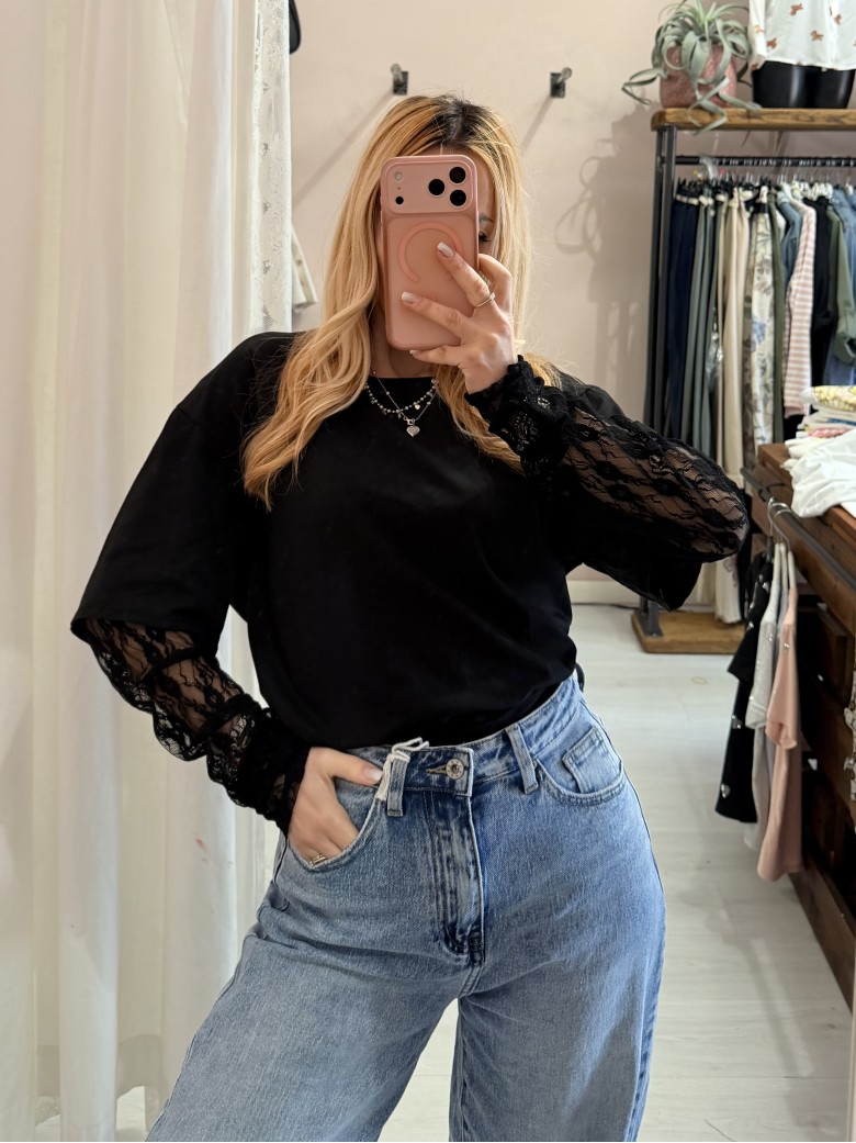 Maglia t shirt maniche PIZZO nera