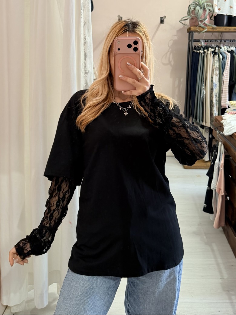 Maglia t shirt maniche PIZZO nera