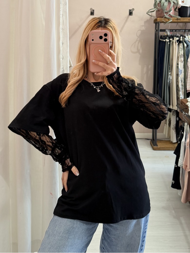Maglia t shirt maniche PIZZO nera