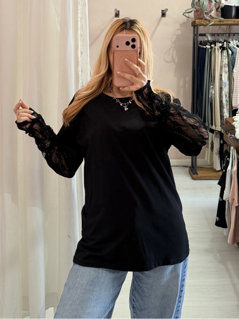 Maglia t shirt maniche PIZZO nera