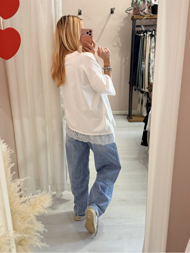 Maglia t shirt asimmetrica con pizzo bianca