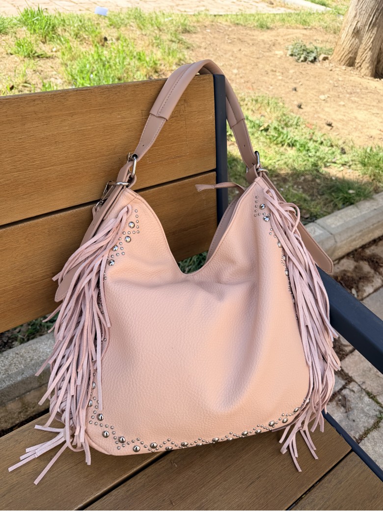 Borsa frange e borchiette rosa