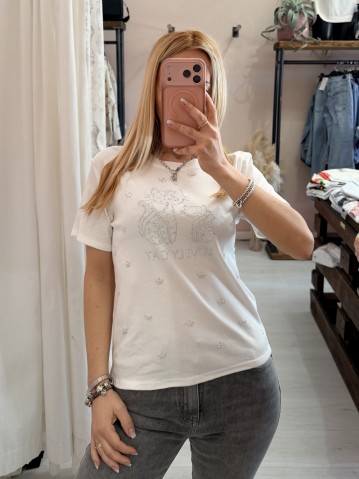 Maglia t shirt lovely cat strass bianca