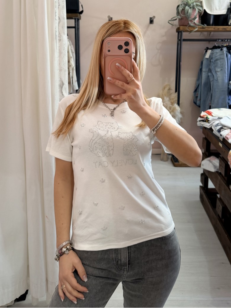 Maglia t shirt lovely cat strass bianca