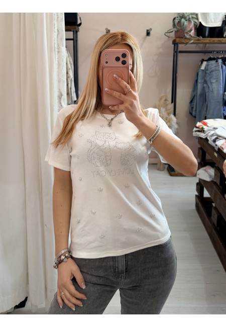 Maglia t shirt lovely cat strass bianca