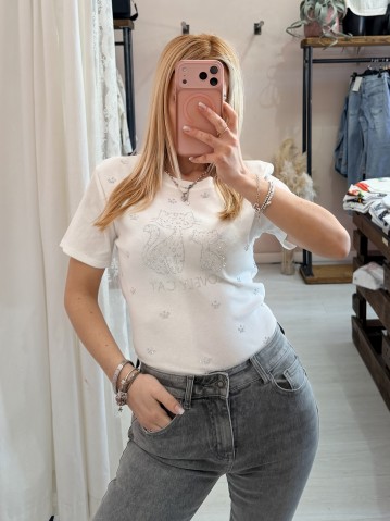 Maglia t shirt lovely cat strass bianca 2