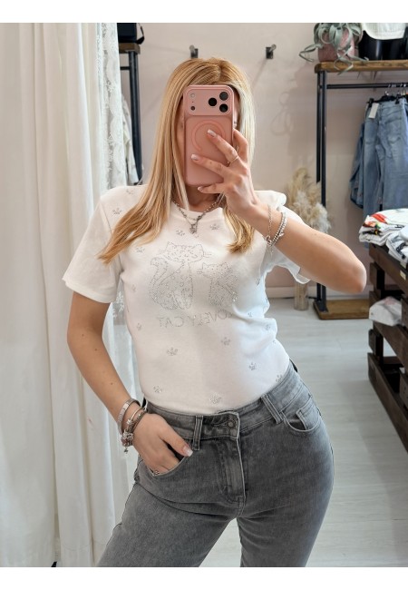 Maglia t shirt lovely cat strass bianca