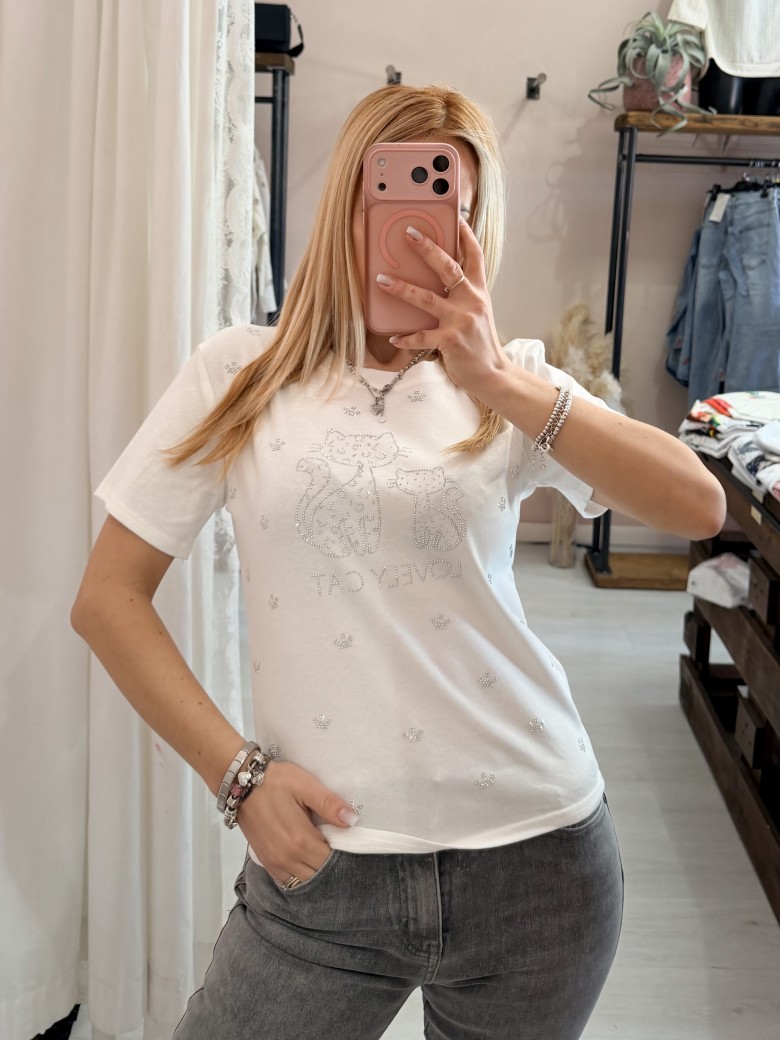 Maglia t shirt lovely cat strass bianca