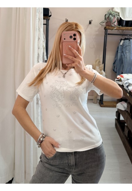 Maglia t shirt lovely cat strass bianca