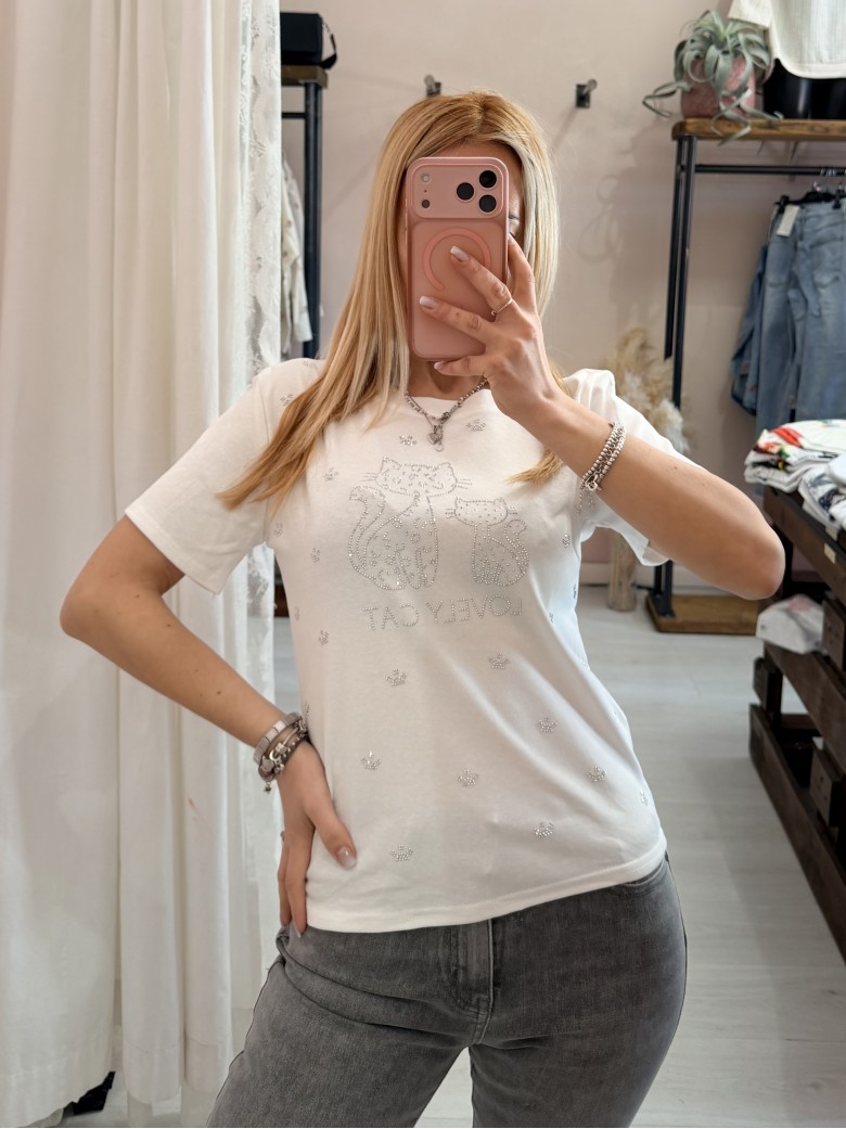 Maglia t shirt lovely cat strass bianca