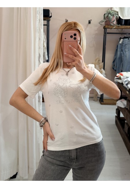 Maglia t shirt lovely cat strass bianca