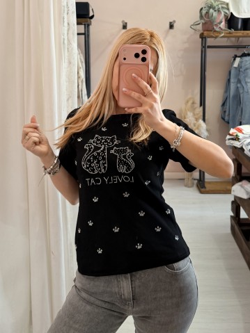 Maglia t shirt lovely cat strass nera