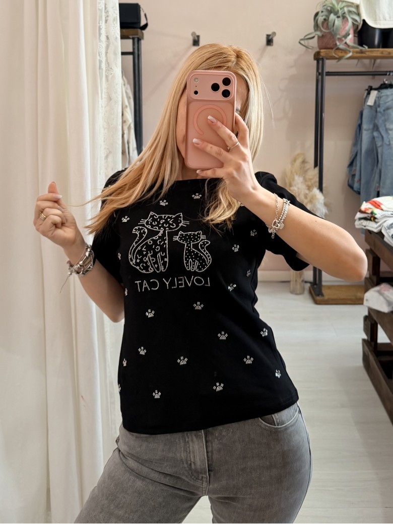 Maglia t shirt lovely cat strass nera