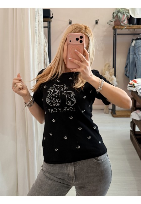 Maglia t shirt lovely cat strass nera